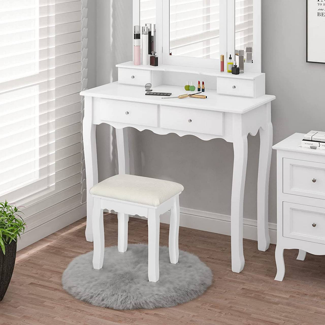 24goodz Upholstered Makeup Stool - Comfortable Seating - Multifunctional Use - MDF and Pine Wood - White - ws