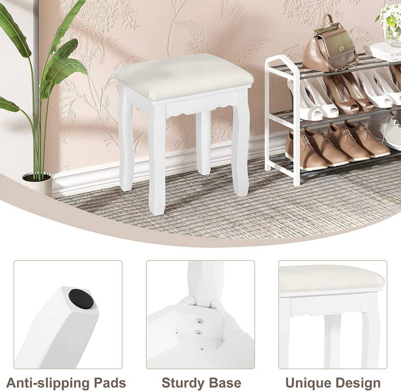 24goodz Upholstered Makeup Stool - Comfortable Seating - Multifunctional Use - MDF and Pine Wood - White - ws