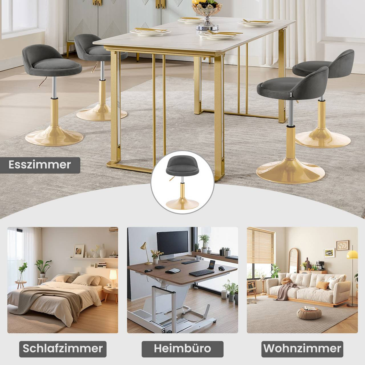 24goodz Adjustable Velvet Makeup Stool - Soft & Comfortable - Robust & Stable - Velvet + Metal - Dark Grey + Gold