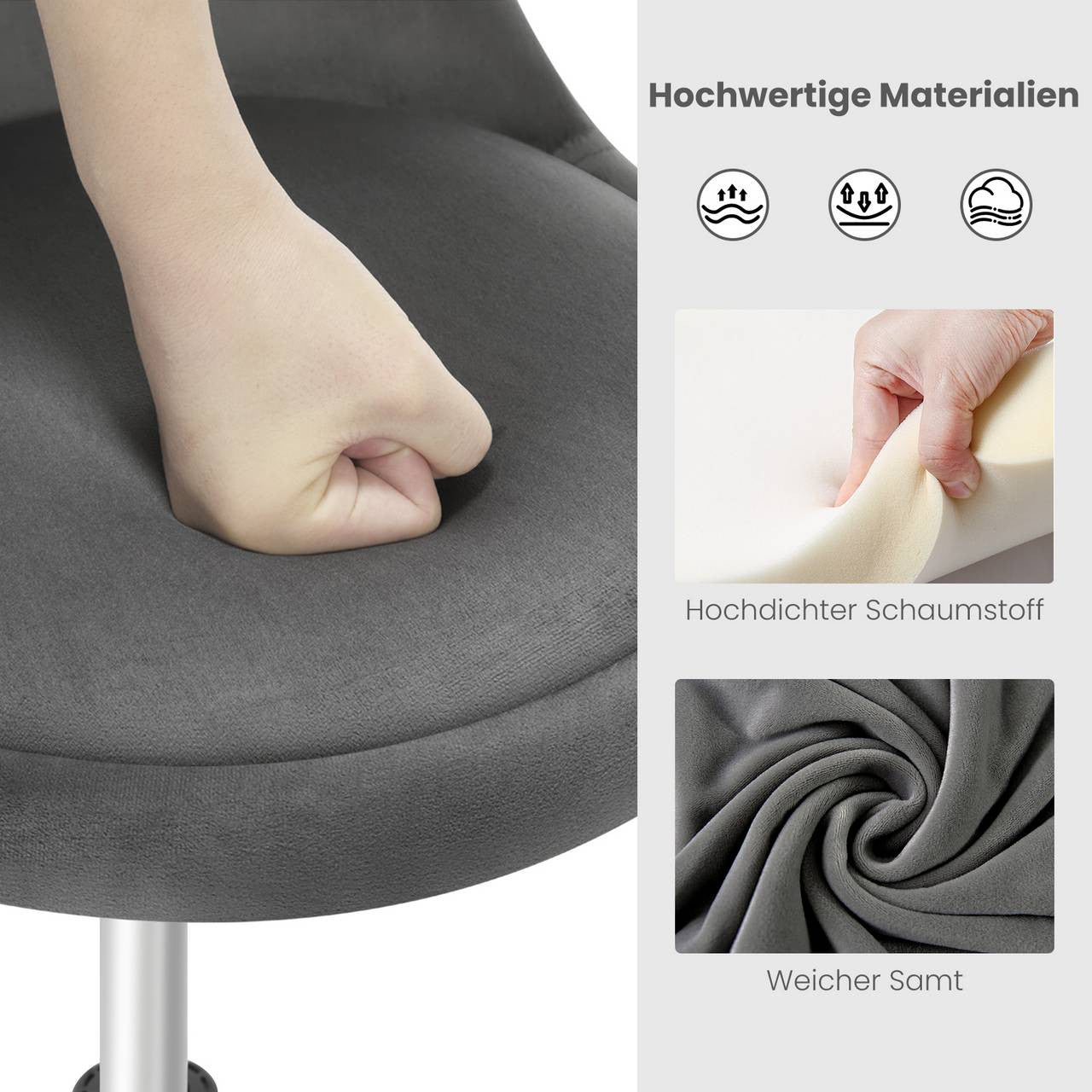24goodz Velvet Makeup Stool - Soft & Comfortable - Adjustable Height - Velvet + Metal - Dark Grey + Gold
