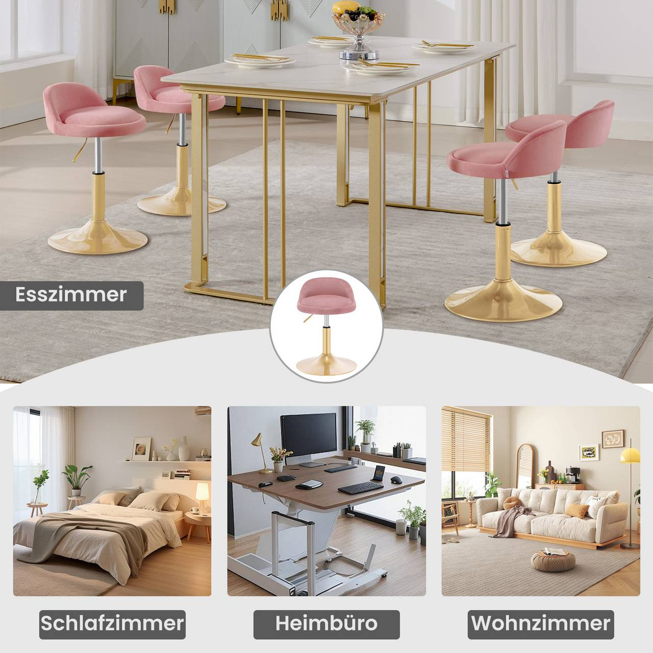 24goodz Adjustable Velvet Makeup Stool - Soft & Comfortable - Sturdy & Stable - Velvet + Metal - Pink + Gold