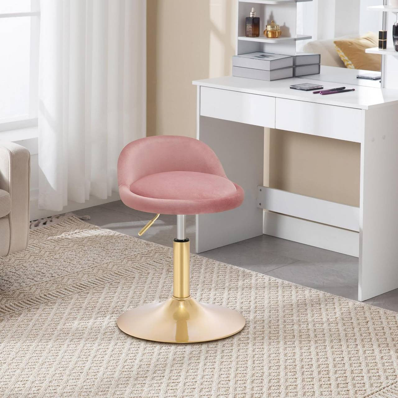 24goodz Adjustable Velvet Makeup Stool - Soft & Comfortable - Sturdy & Stable - Velvet + Metal - Pink + Gold