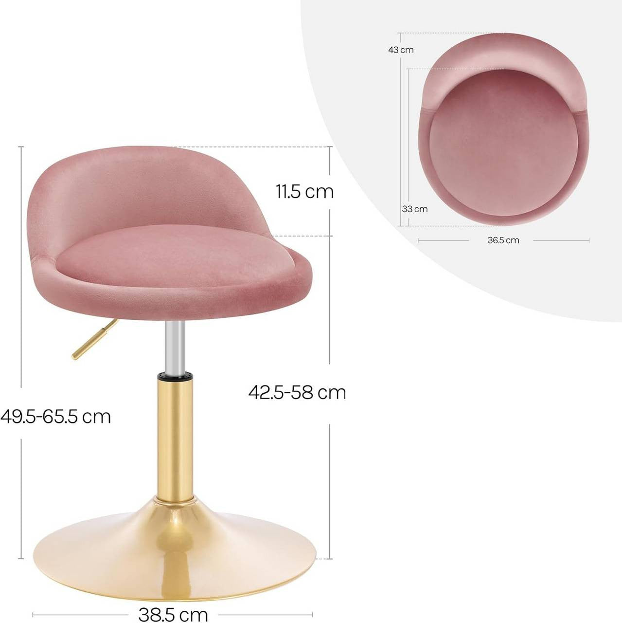24goodz Adjustable Velvet Makeup Stool - Soft & Comfortable - Sturdy & Stable - Velvet + Metal - Pink + Gold