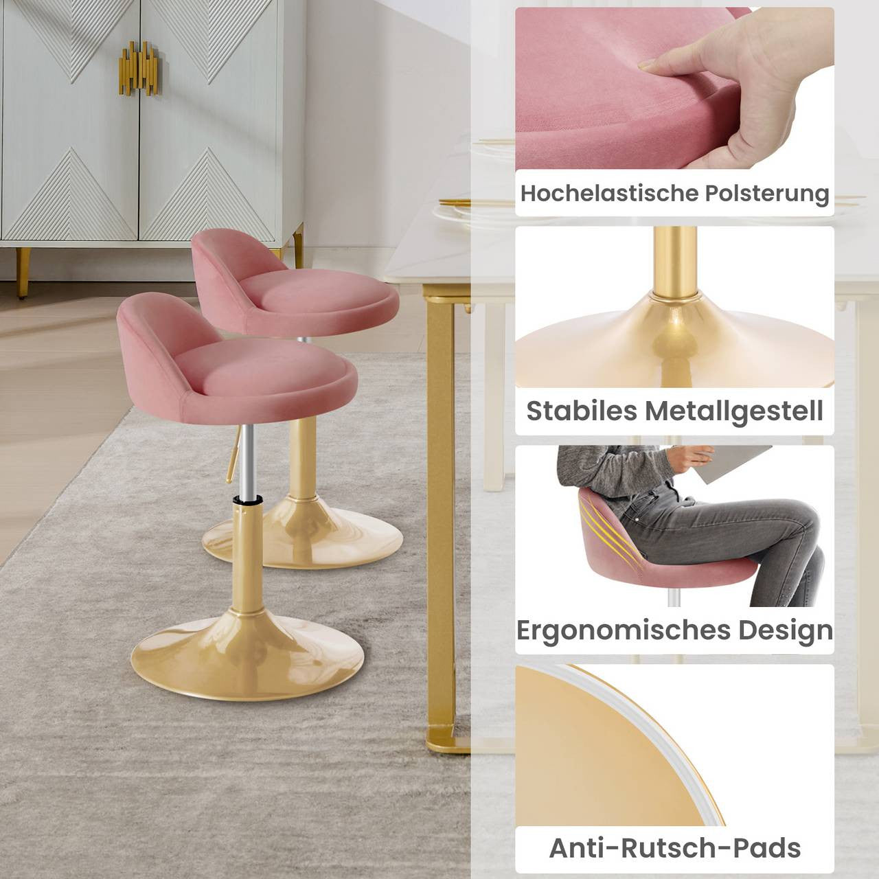 24goodz Adjustable Velvet Makeup Stool - Soft & Comfortable - Sturdy & Stable - Velvet + Metal - Pink + Gold