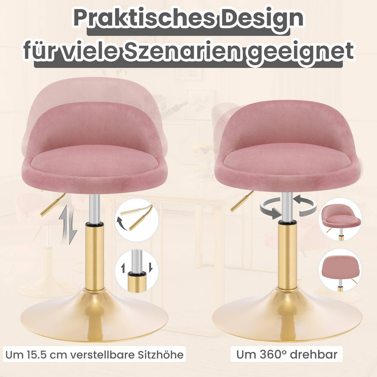24goodz Adjustable Velvet Makeup Stool - Soft & Comfortable - Robust & Stable - Velvet + Metal - Pink + Gold