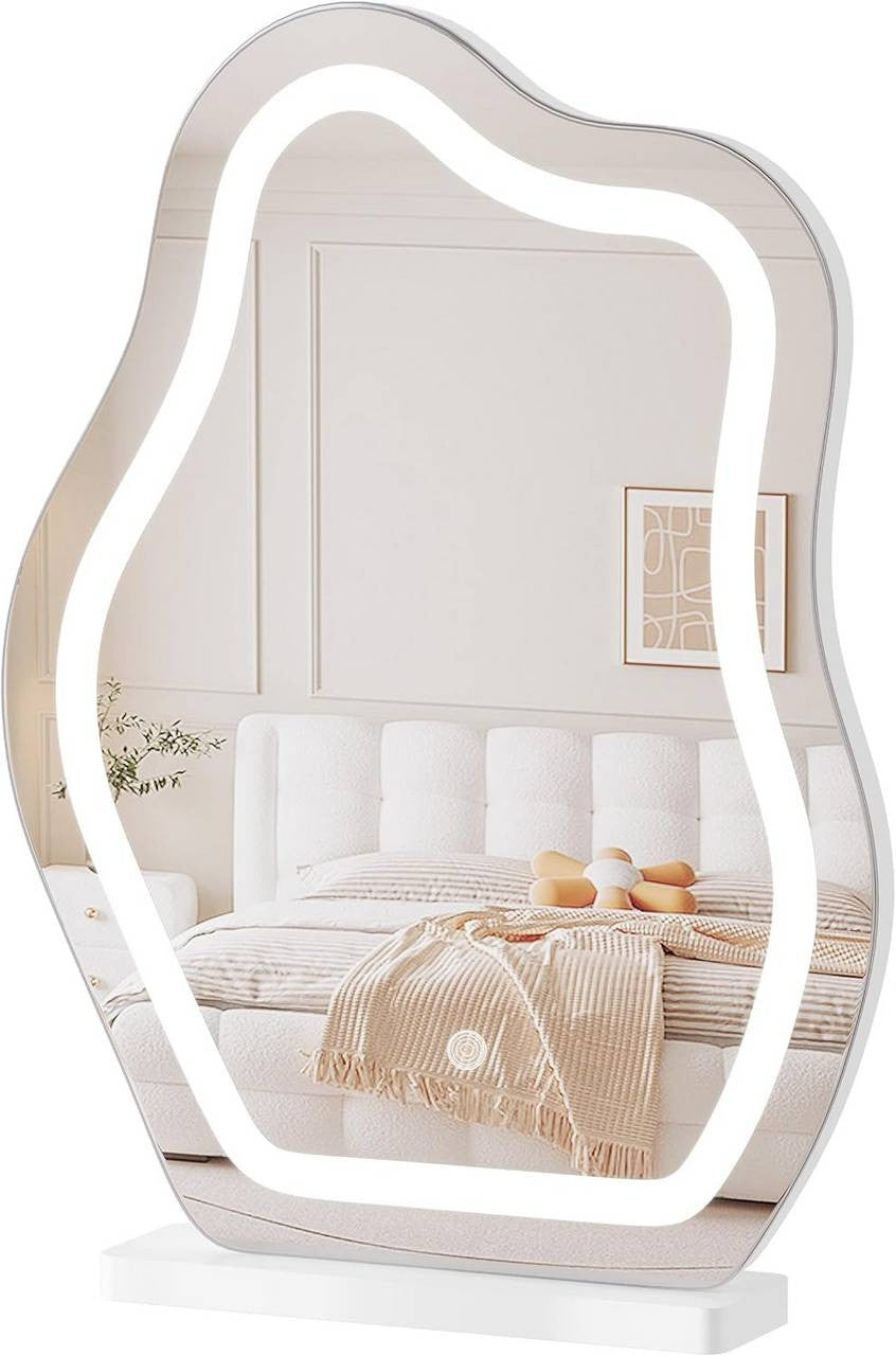 24goodz Cloud-Shaped Makeup Mirror with Dimmable LED Lighting - Unique Artistic Design - Glass and MDF - For Beauty Enthusiasts - White 43x56 cm