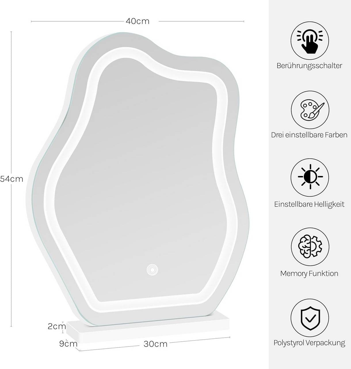24goodz Cloud-Shaped Makeup Mirror with Dimmable LED Lighting - Unique Artistic Design - Glass and MDF - For Beauty Enthusiasts - White 43x56 cm