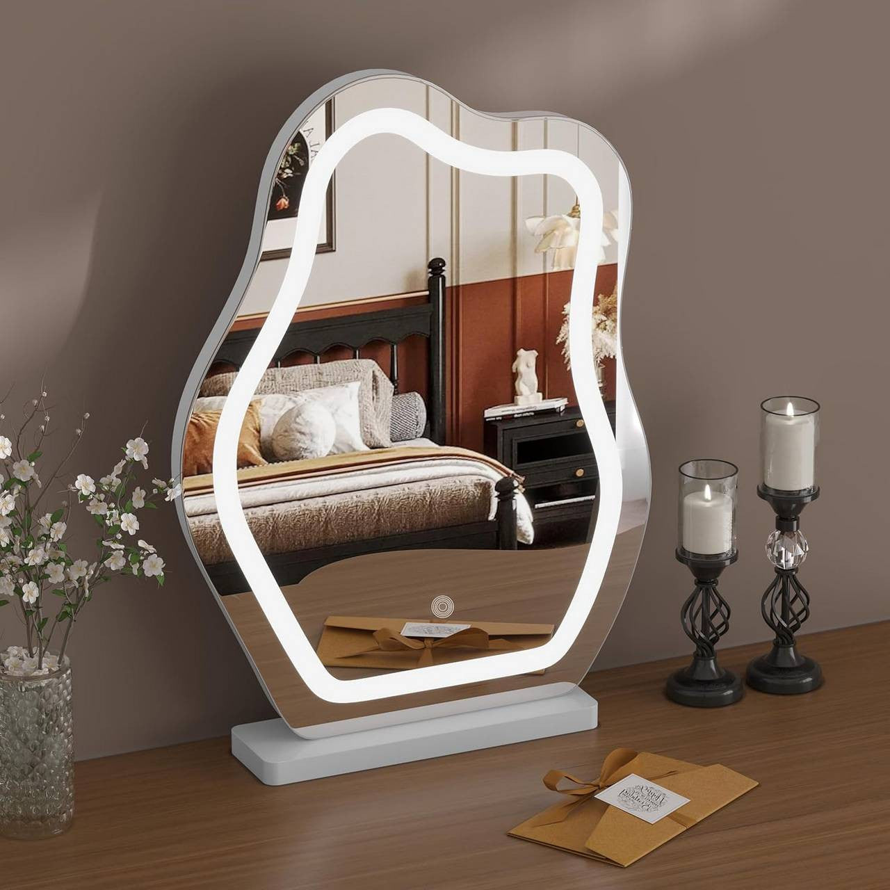 24goodz Cloud-Shaped Makeup Mirror with Dimmable LED Lighting - Unique Artistic Design - Glass and MDF - For Beauty Enthusiasts - White 43x56 cm