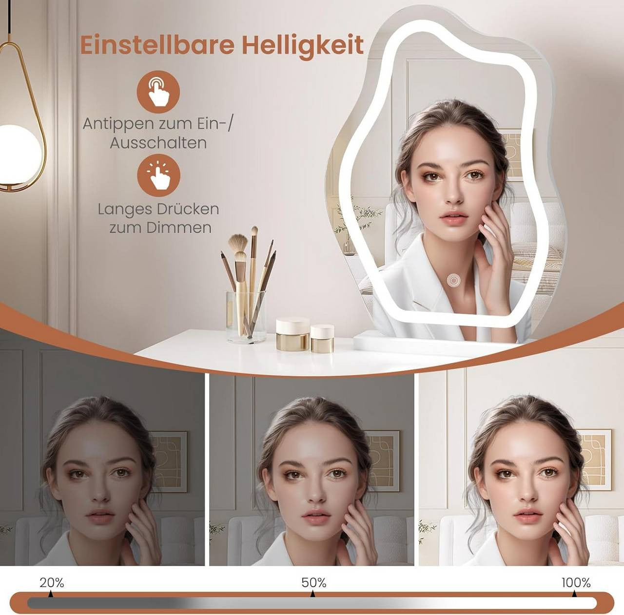 24goodz Cloud-Shaped Makeup Mirror with Dimmable LED Lighting - Unique Artistic Design - Glass and MDF - For Beauty Enthusiasts - White 43x56 cm