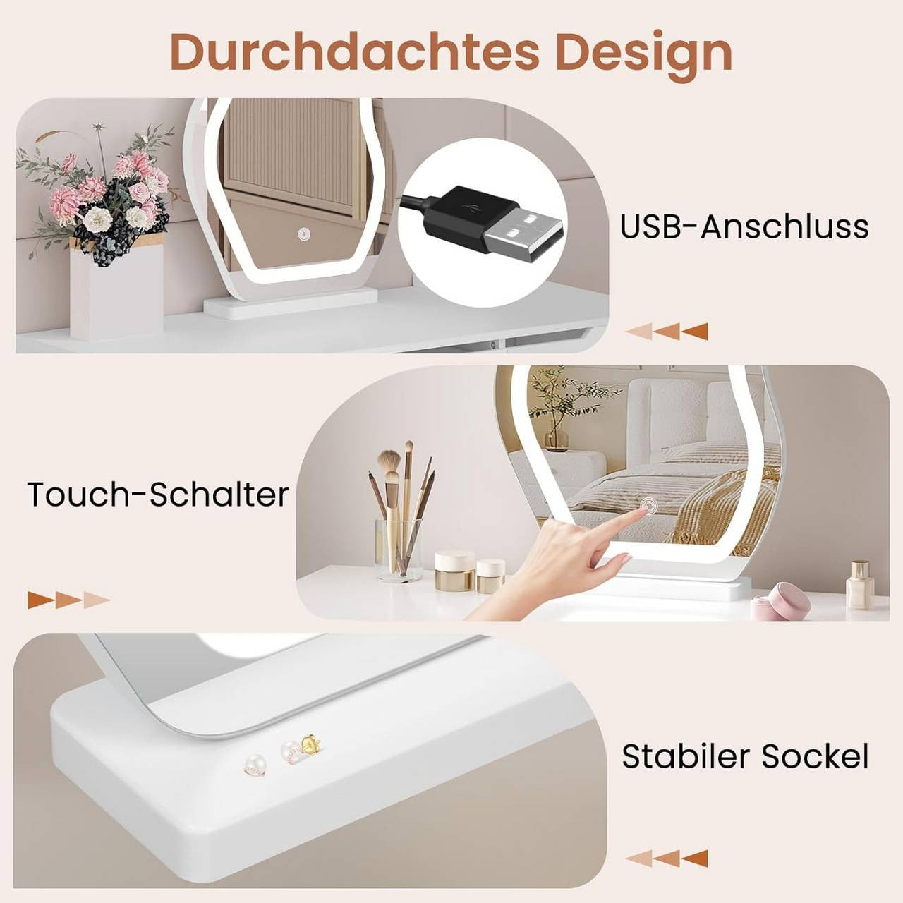 24goodz Cloud-Shaped Makeup Mirror with Dimmable LED Lighting - Unique Artistic Design - Glass and MDF - For Beauty Enthusiasts - White 43x56 cm