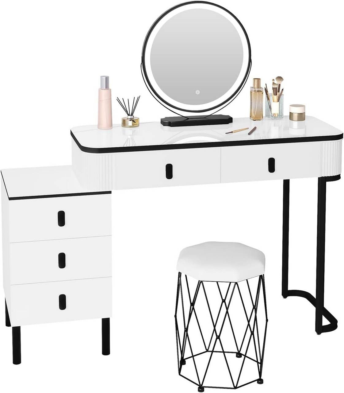 24goodz Vanity Table with LED Mirror - Dimmable Lighting - High-Quality Materials - For Beauty Enthusiasts - White + Black