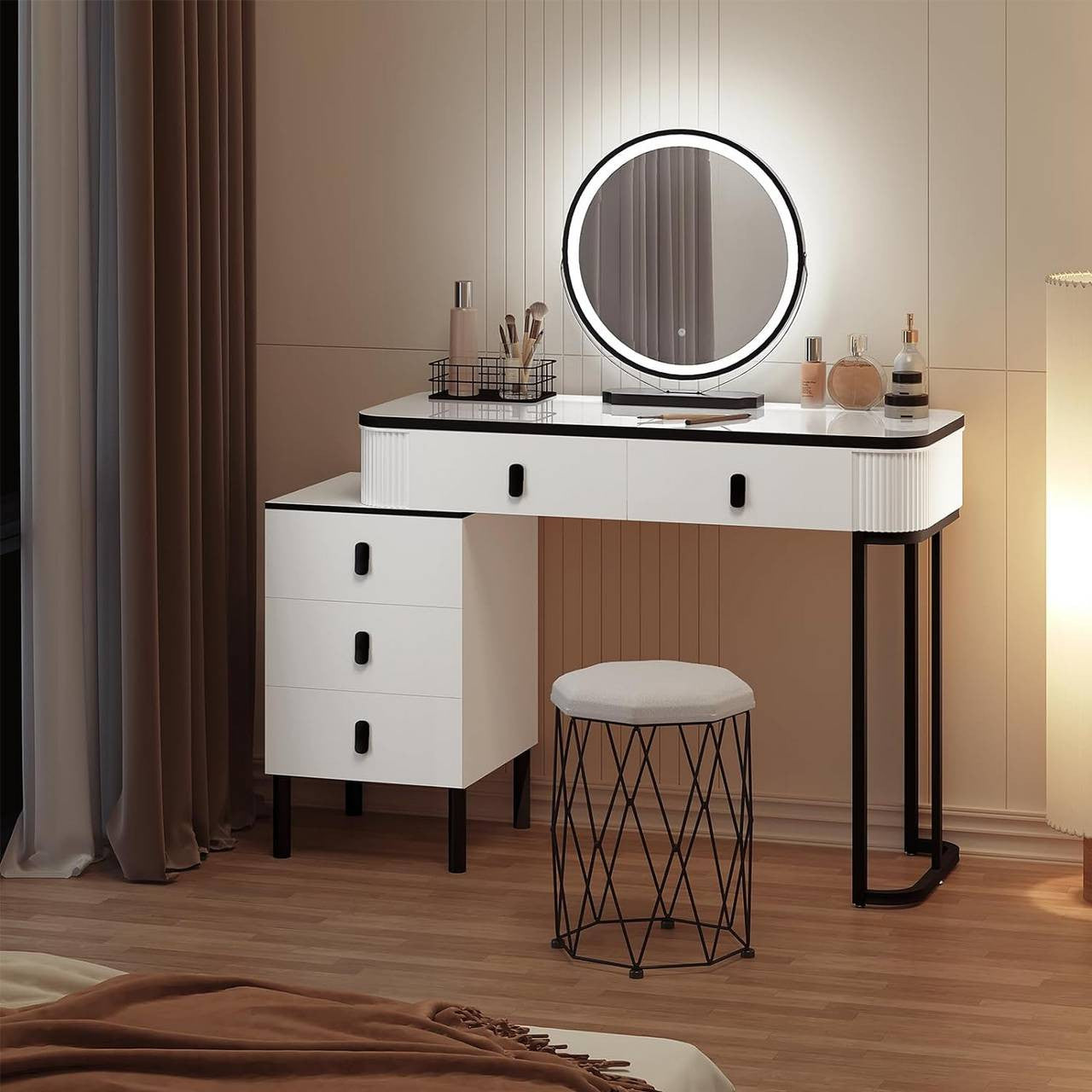 24goodz Vanity Table with LED Mirror - Dimmable Lighting - High-Quality Materials - For Beauty Enthusiasts - White + Black
