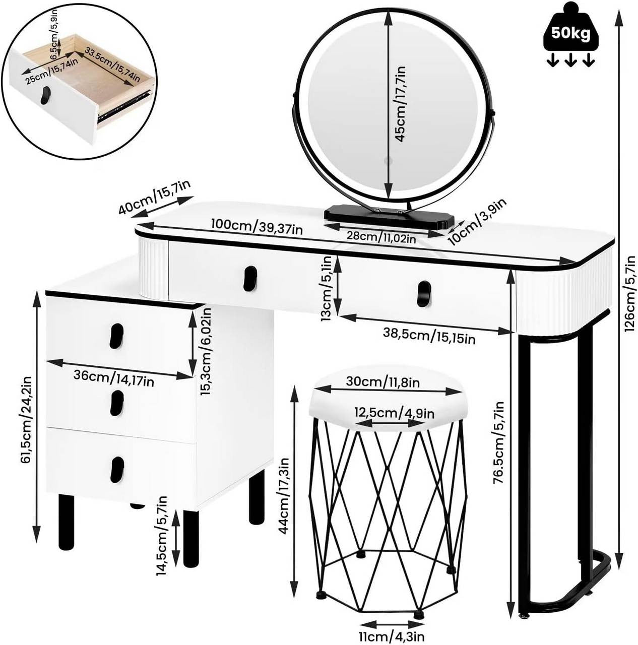 24goodz Vanity Table with LED Mirror - Dimmable Lighting - High-Quality Materials - For Beauty Enthusiasts - White + Black