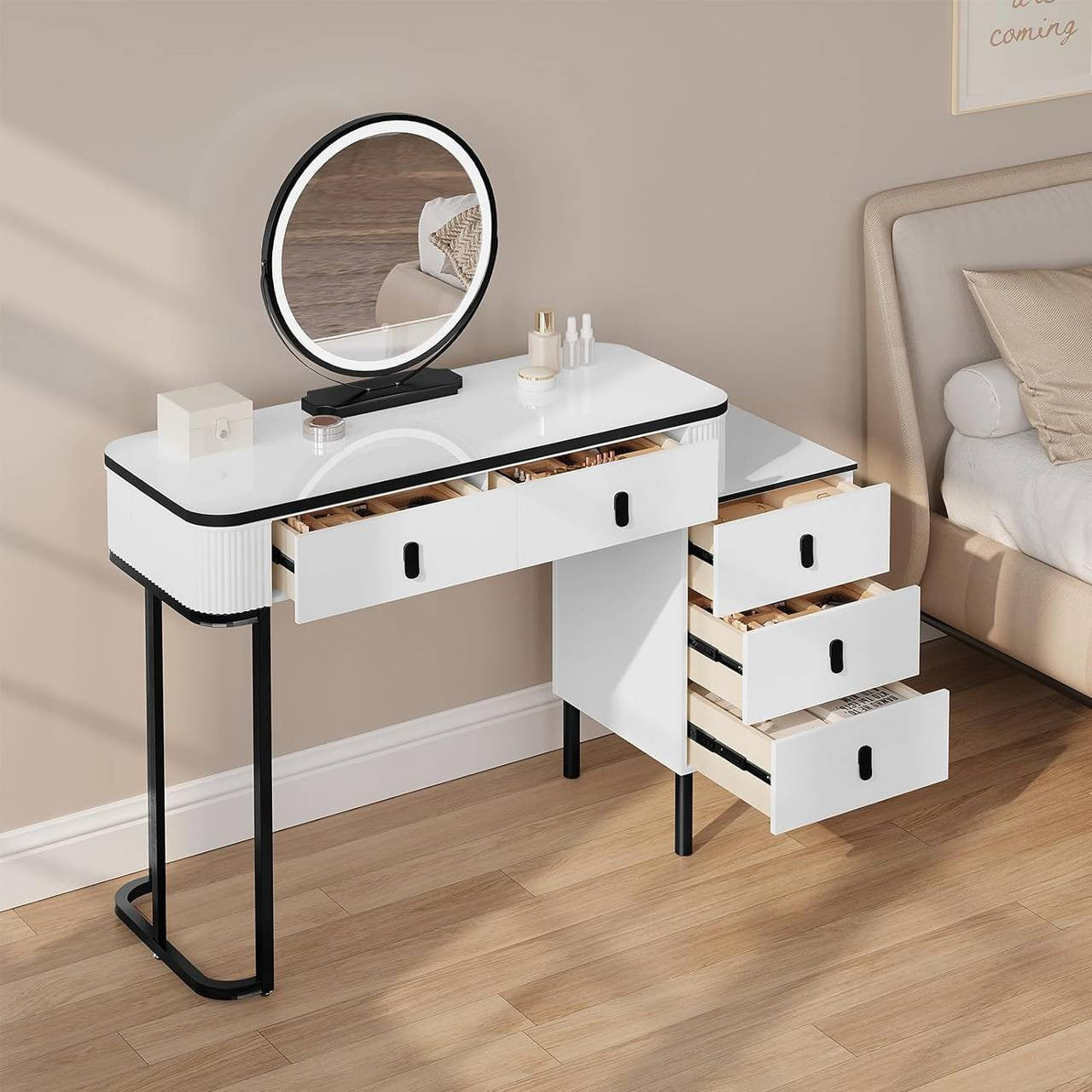 24goodz Vanity Table with LED Mirror - Dimmable Lighting - High-Quality Materials - For Beauty Enthusiasts - White + Black
