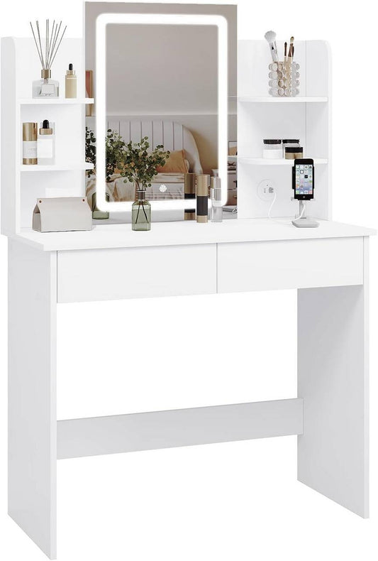 24goodz LED Makeup Vanity Table - Adjustable Brightness - Ample Storage Space - E1 Class Wood + Glass - White - 90 x 135 x 40 cm