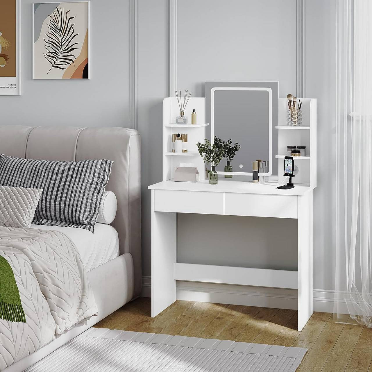 24goodz LED Makeup Vanity Table - Adjustable Brightness - Ample Storage Space - E1 Class Wood + Glass - White - 90 x 135 x 40 cm