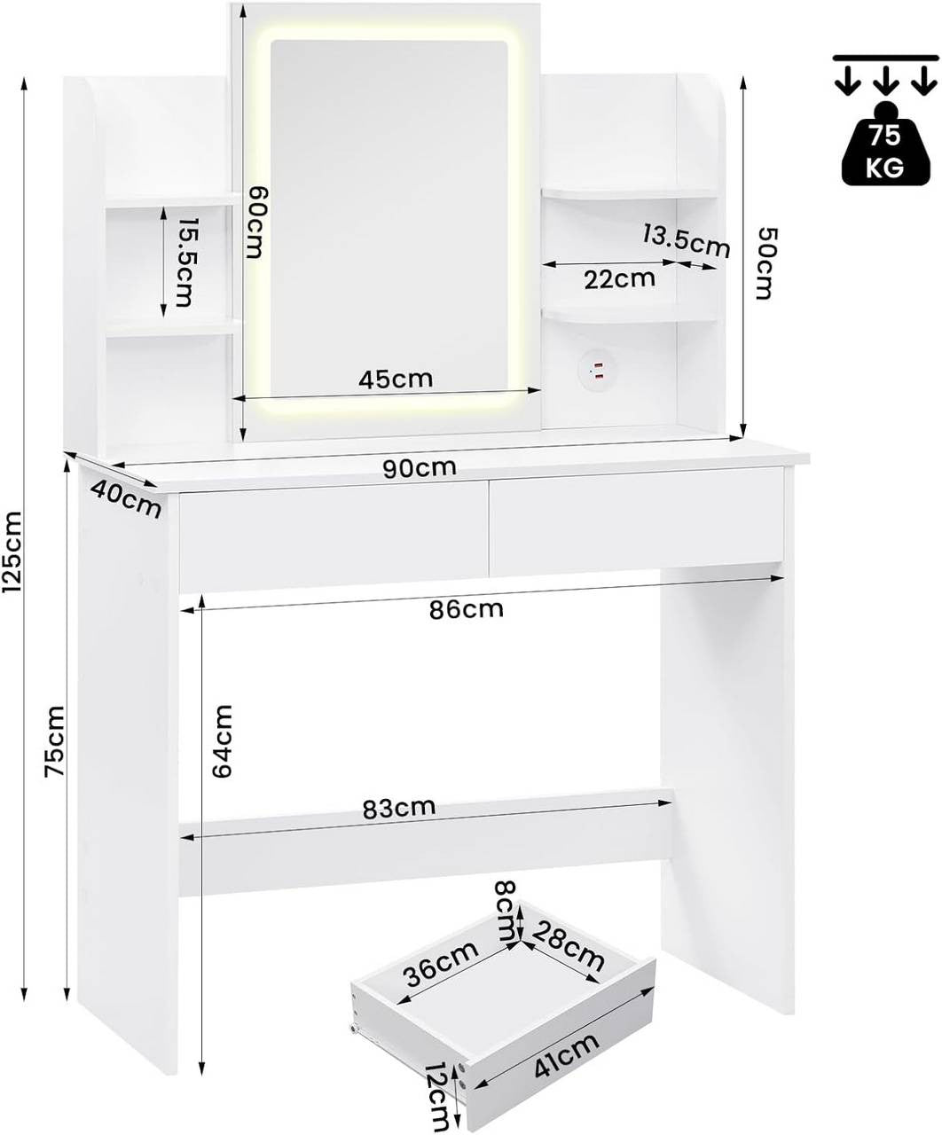 24goodz LED Makeup Vanity Table - Adjustable Brightness - Ample Storage Space - E1 Class Wood + Glass - White - 90 x 135 x 40 cm
