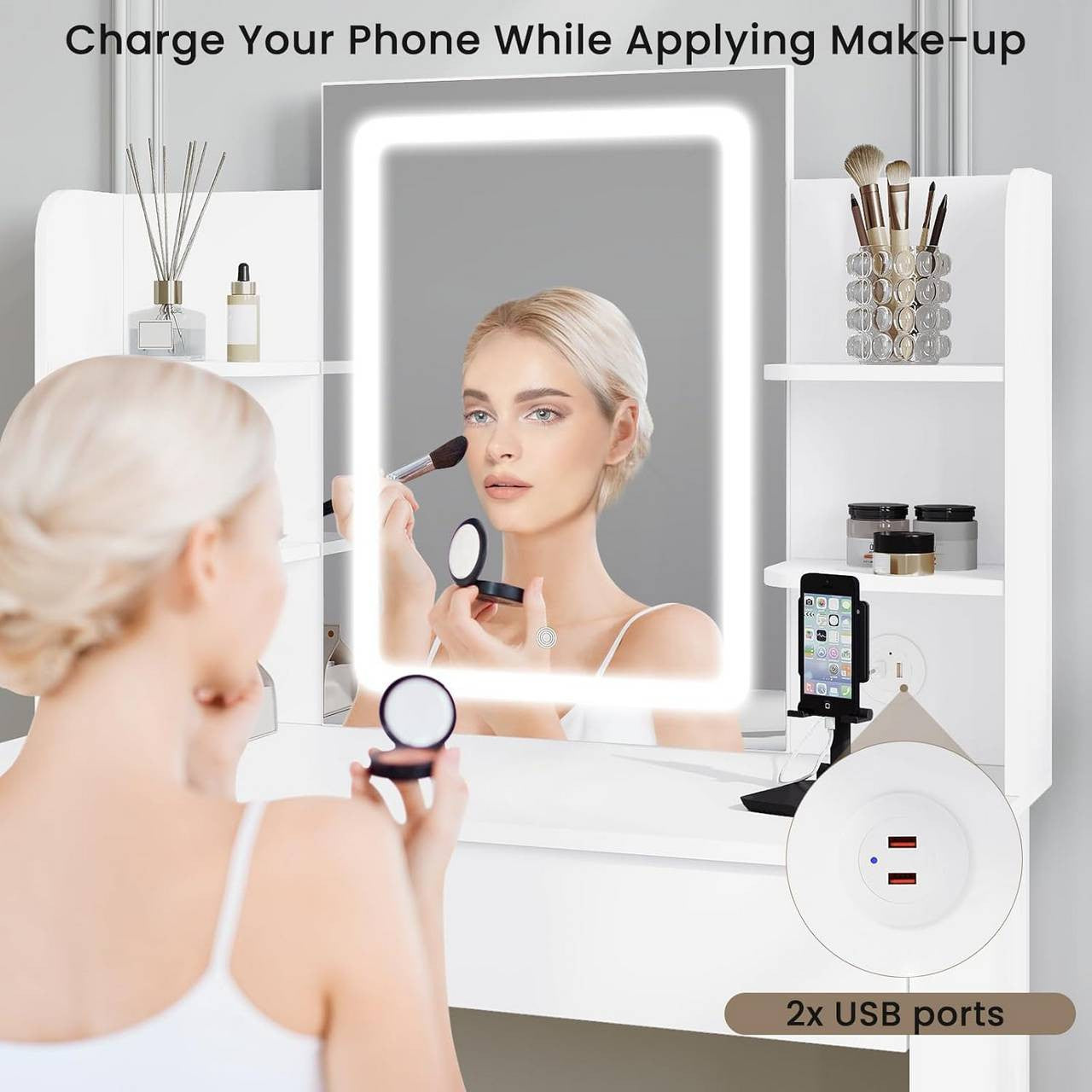 24goodz LED Makeup Vanity Table - Adjustable Brightness - Ample Storage Space - E1 Class Wood + Glass - White - 90 x 135 x 40 cm