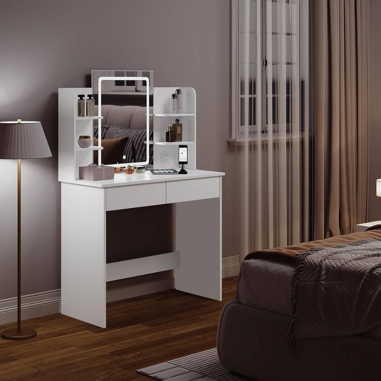 24goodz LED Makeup Vanity Table - Adjustable Brightness - Ample Storage Space - E1 Class Wood + Glass - White - 90 x 135 x 40 cm