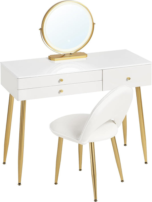 24goodz Vanity Table with Adjustable LED Mirror Light - Spacious Storage - E1 MDF - For Makeup Lovers - Cream + Gold