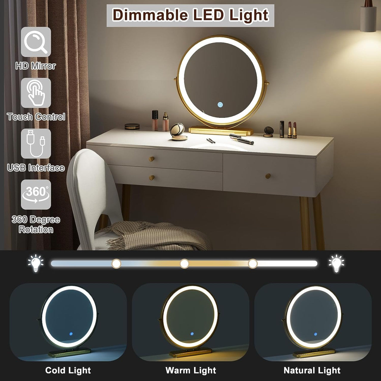 24goodz Vanity Table with Adjustable LED Mirror Light - Spacious Storage - E1 MDF - For Makeup Lovers - Cream + Gold