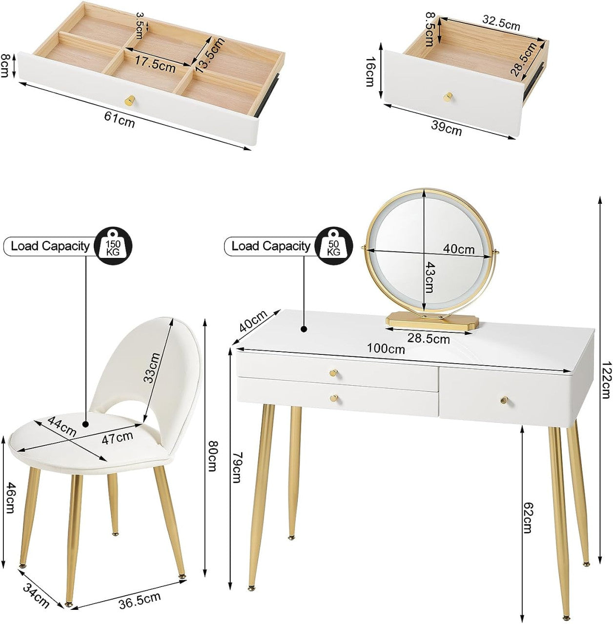 24goodz Vanity Table with Adjustable LED Mirror Light - Spacious Storage - E1 MDF - For Makeup Lovers - Cream + Gold