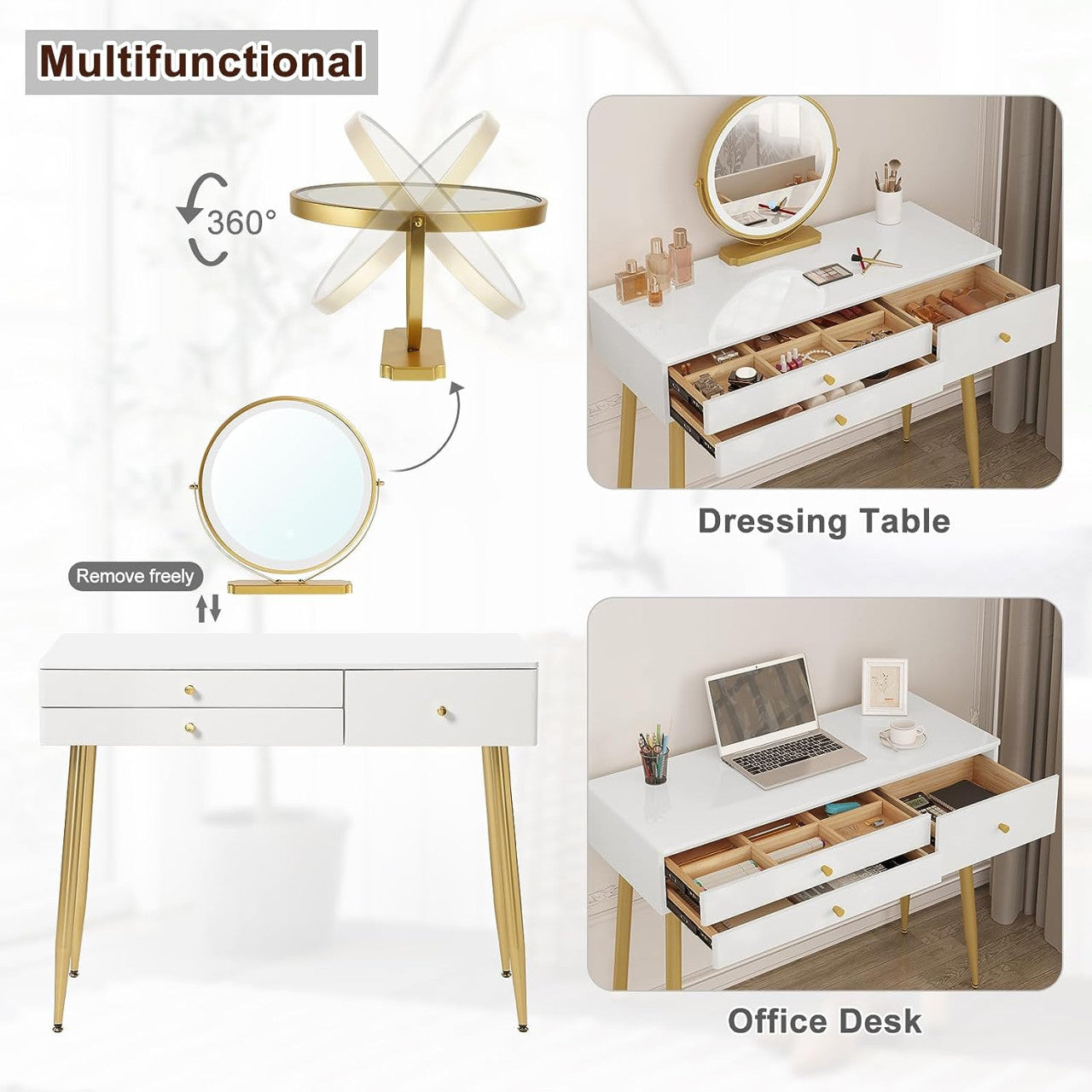 24goodz Vanity Table with Adjustable LED Mirror Light - Spacious Storage - E1 MDF - For Makeup Lovers - Cream + Gold