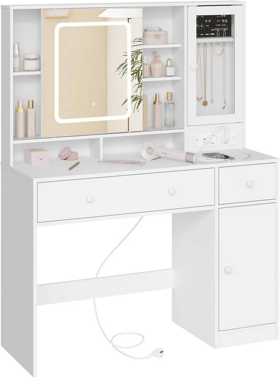 24goodz Vanity Table with LED Mirror - Multifunctional Jewelry Organizer - E1 Class Wood + Glass - For Beauty Enthusiasts - White, 108x40 cm