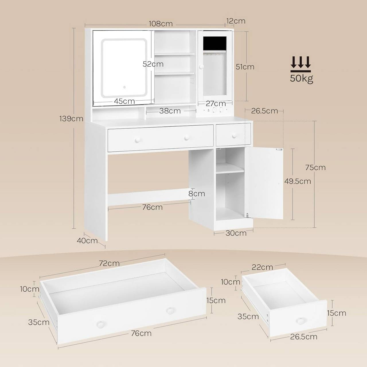 24goodz Vanity Table with LED Mirror - Multifunctional Jewelry Organizer - E1 Class Wood + Glass - For Beauty Enthusiasts - White, 108x40 cm