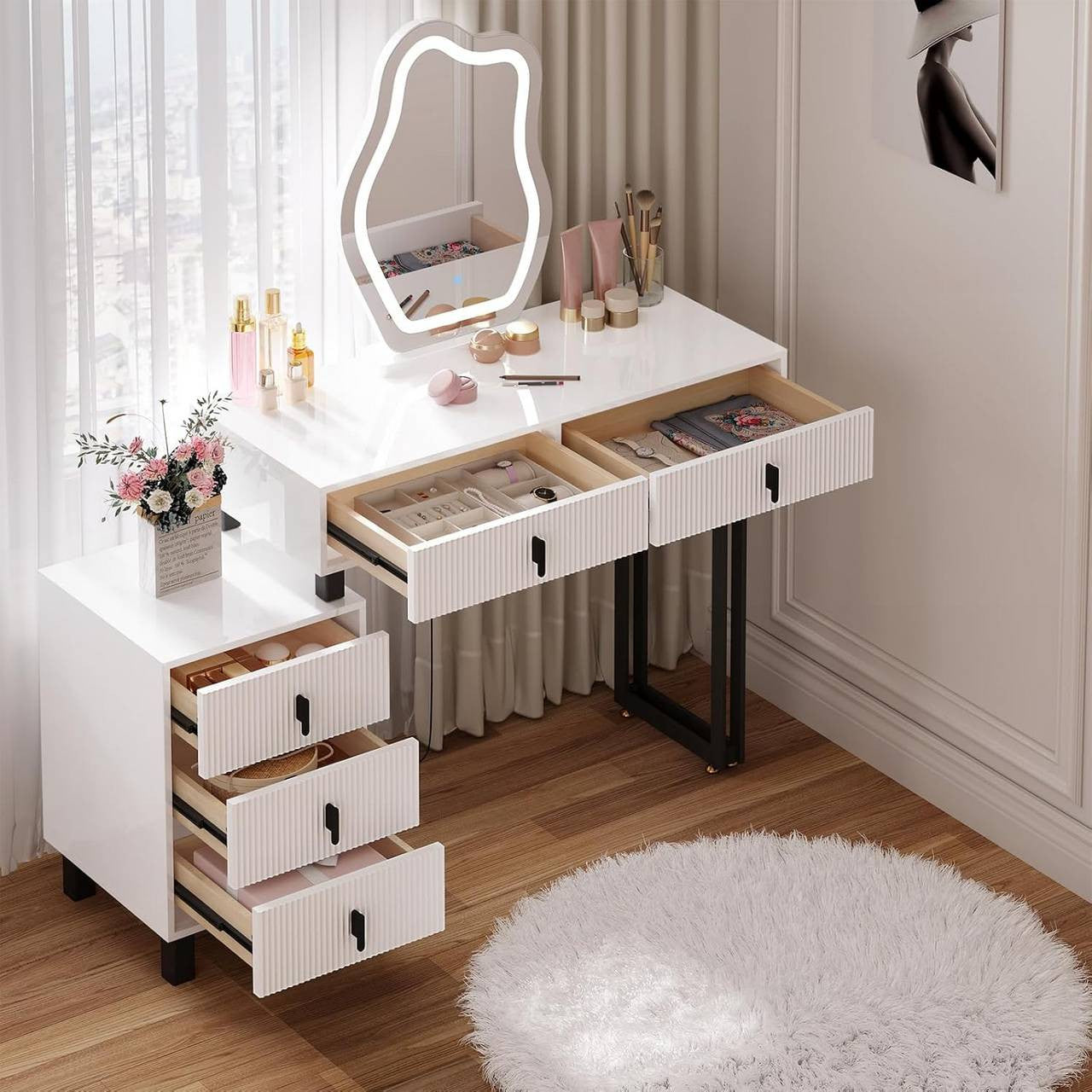 24goodz Vanity Table with LED Mirror - Adjustable Lighting - MDF with Melamine Veneer - For Beauty Enthusiasts - White