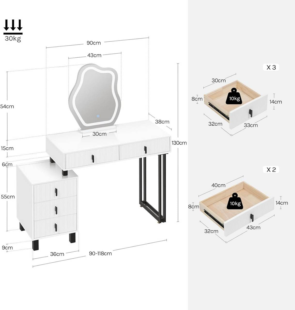 24goodz Vanity Table with LED Mirror - Adjustable Lighting - MDF with Melamine Veneer - For Beauty Enthusiasts - White