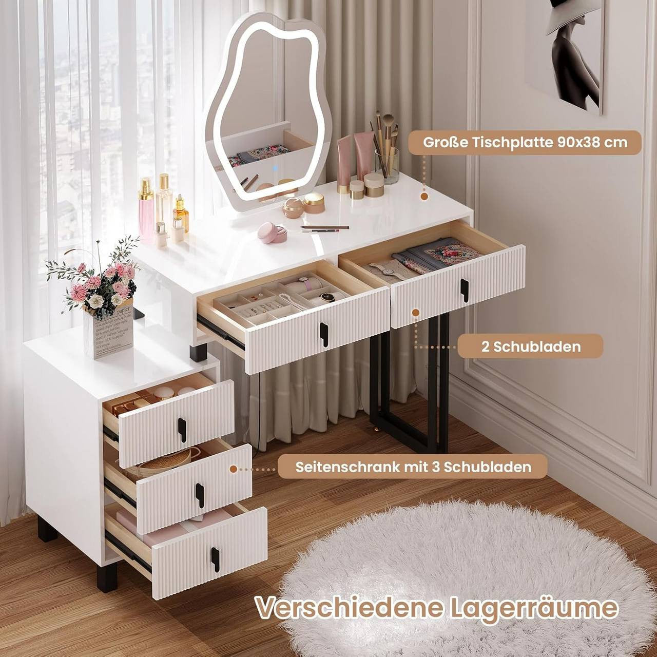 24goodz Vanity Table with LED Mirror - Adjustable Lighting - MDF with Melamine Veneer - For Beauty Enthusiasts - White