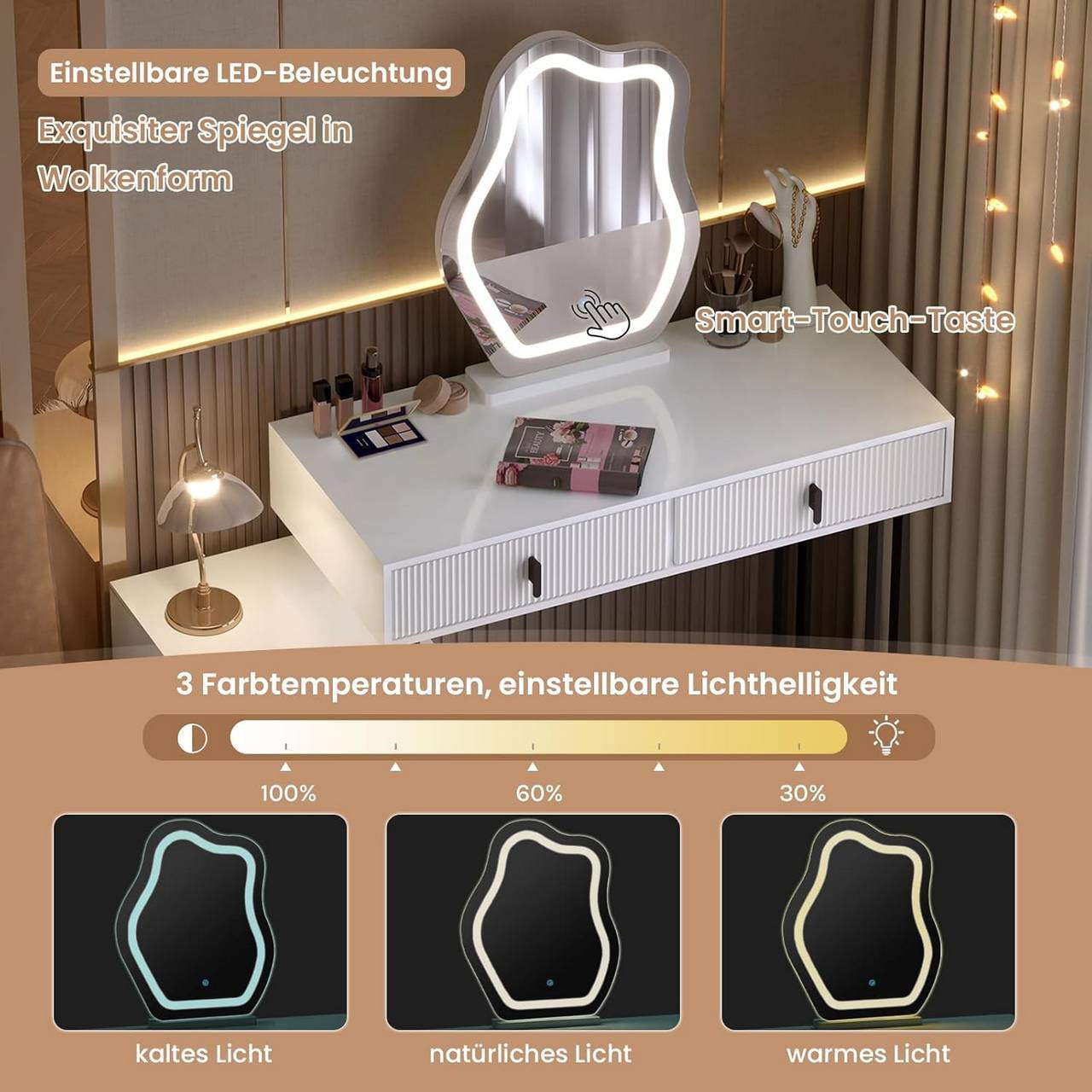 24goodz Vanity Table with LED Mirror - Adjustable Lighting - MDF with Melamine Veneer - For Beauty Enthusiasts - White