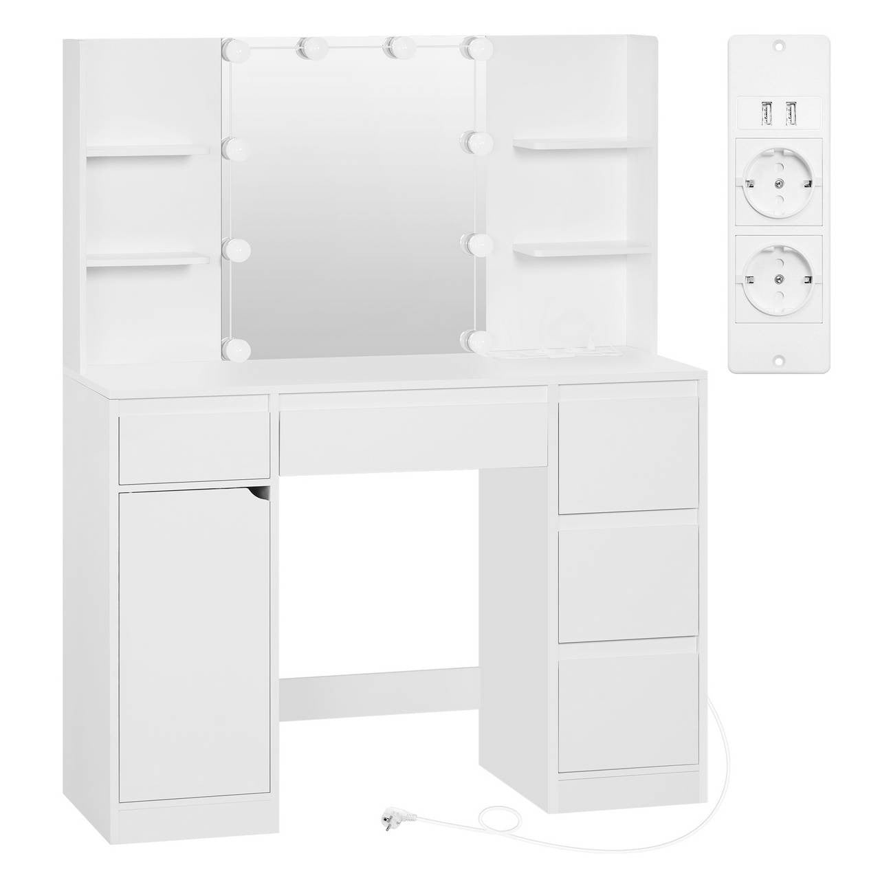 24goodz Makeup Table with Lighting and Power Outlet - Versatile Storage - Adjustable Brightness - E1 Wood - For Beauty Enthusiasts - White