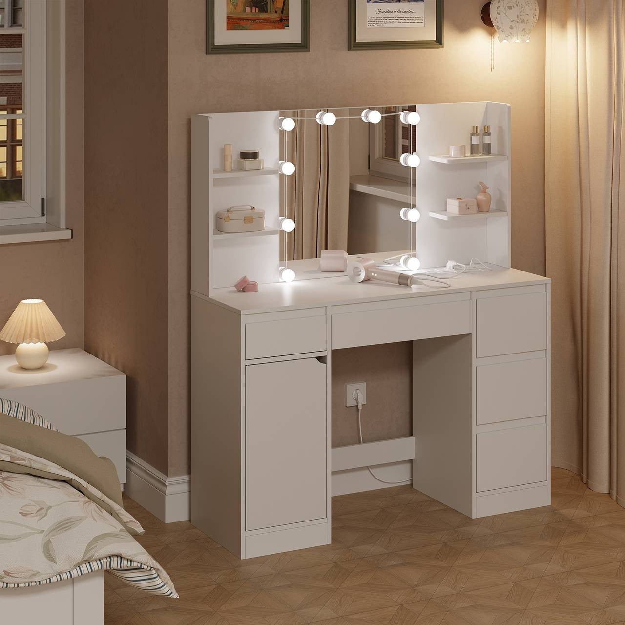 24goodz Makeup Table with Lighting and Power Outlet - Versatile Storage - Adjustable Brightness - E1 Wood - For Beauty Enthusiasts - White