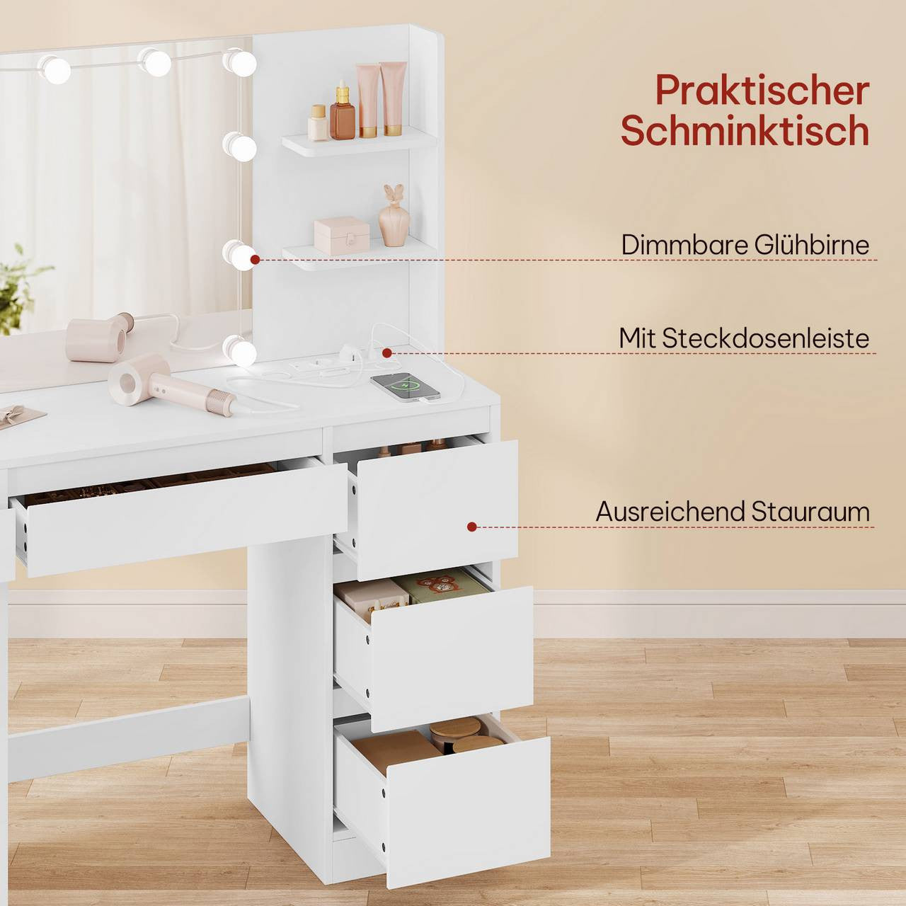 24goodz Makeup Table with Lighting and Power Outlet - Versatile Storage - Adjustable Brightness - E1 Wood - For Beauty Enthusiasts - White