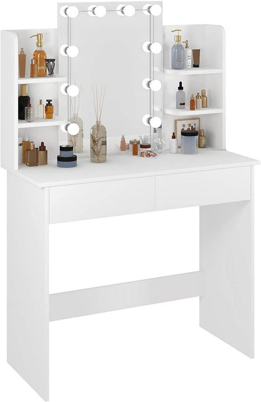 24goodz Dressing Table with LED Lighting - Adjustable Brightness - Ample Storage - MDF - For Beauty Lovers - White - ws