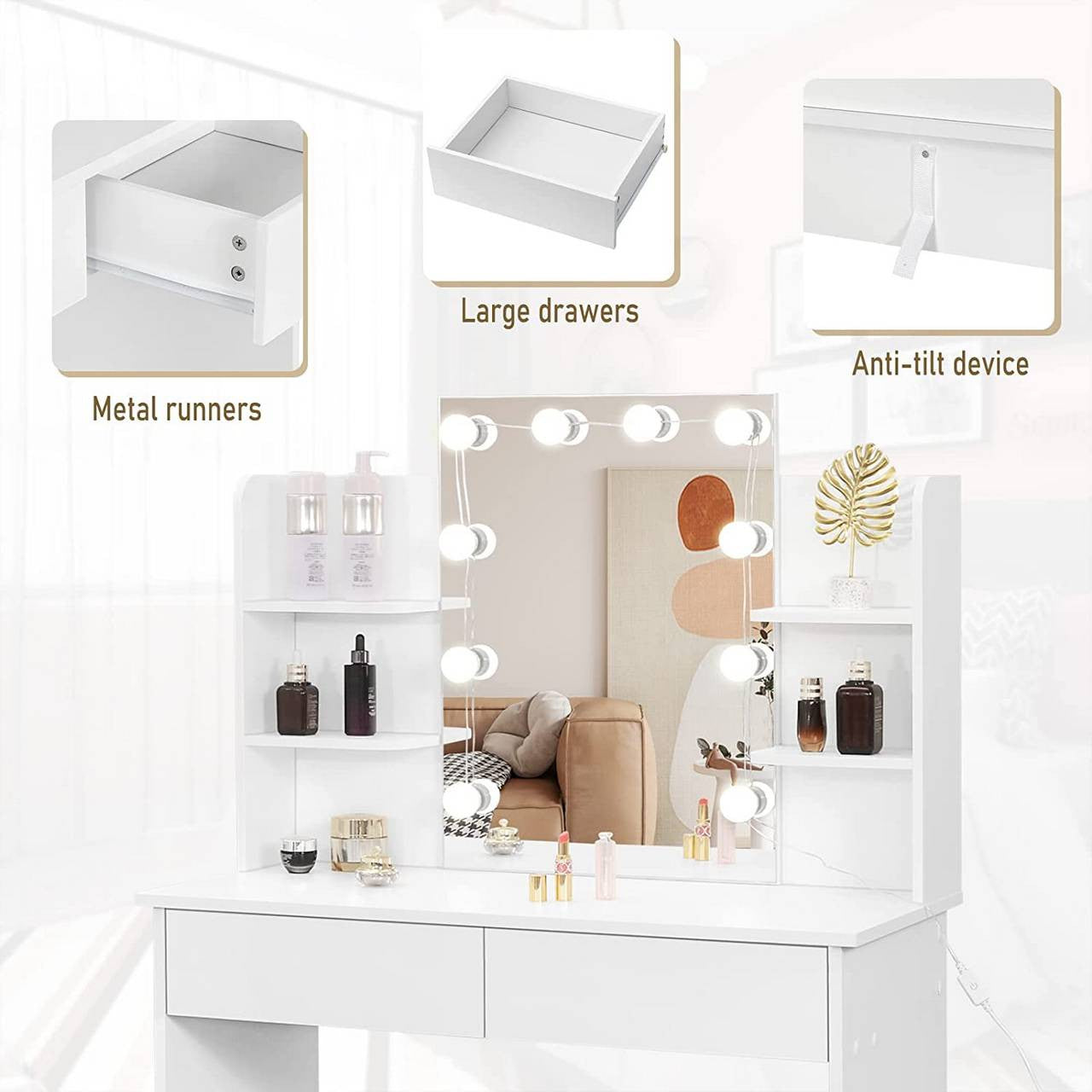 24goodz Dressing Table with LED Lighting - Adjustable Brightness - Ample Storage - MDF - For Beauty Lovers - White - ws