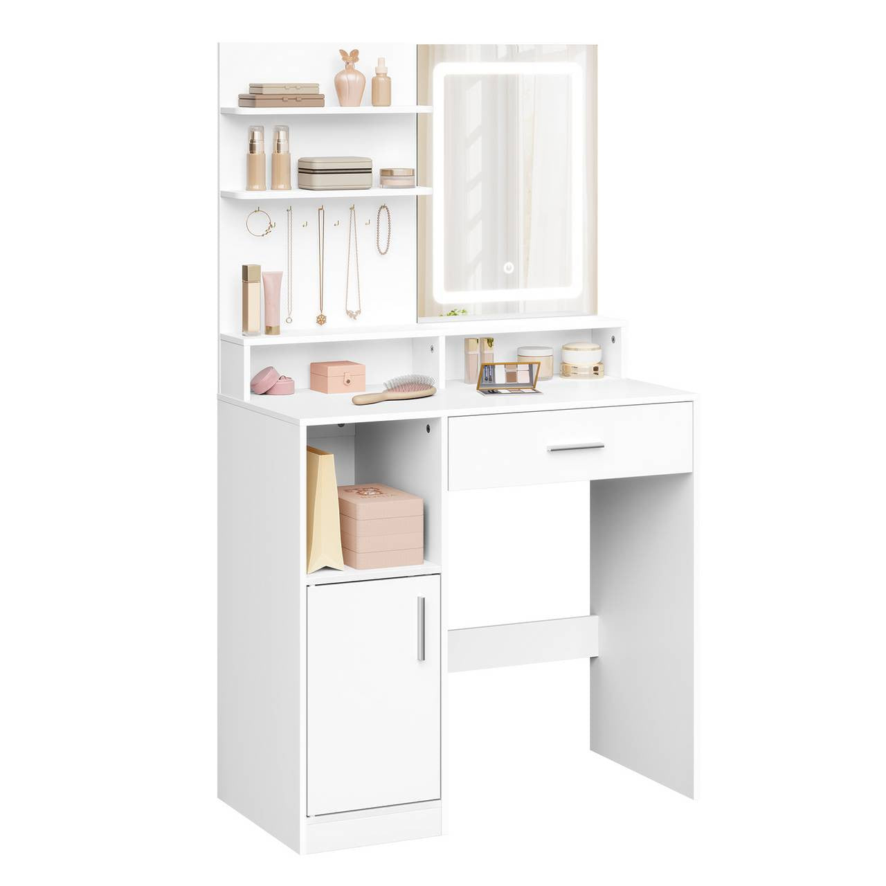 24goodz Vanity Table with LED Lighting - Adjustable Three-Light Mirror - Durable MDF - For Makeup Lovers - White - 80 x 140 x 40 cm