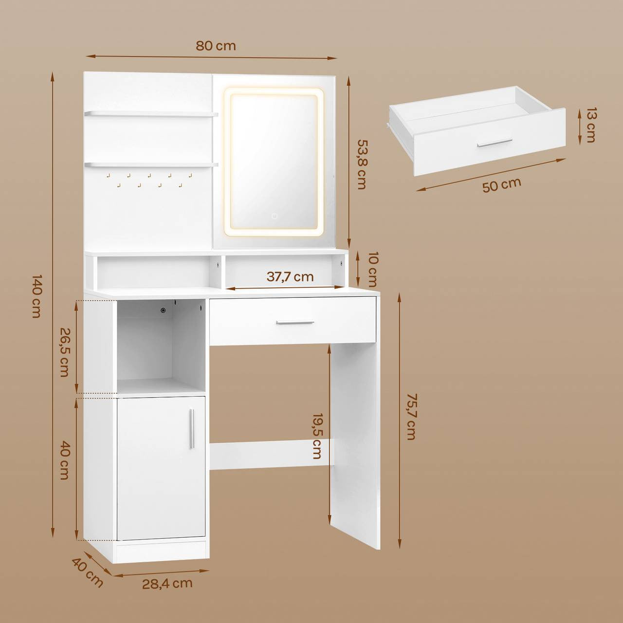 24goodz Vanity Table with LED Lighting - Adjustable Three-Light Mirror - Durable MDF - For Makeup Lovers - White - 80 x 140 x 40 cm