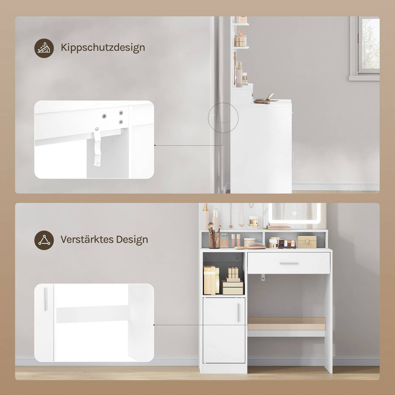24goodz Vanity Table with LED Lighting - Adjustable Three-Light Mirror - Durable MDF - For Makeup Lovers - White - 80 x 140 x 40 cm