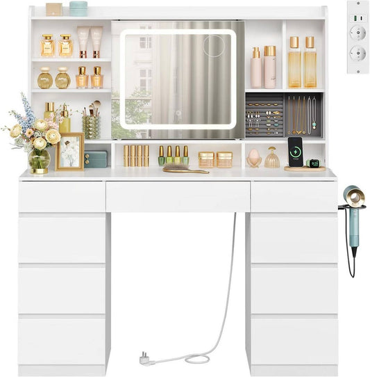 24goodz Vanity Table with LED Lighting and Power Outlets - Versatile Storage - Dimmable Lighting - E1 Engineered Wood + Glass - White - 110 x 40 x 140 cm