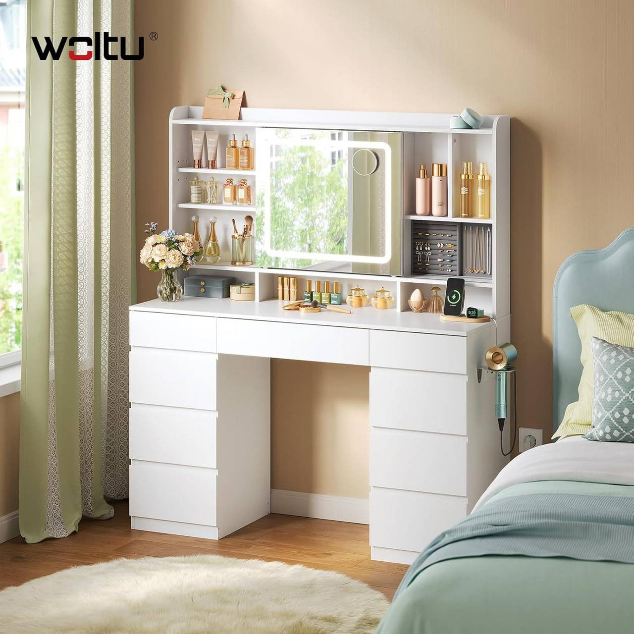 24goodz Vanity Table with LED Lighting and Power Outlets - Versatile Storage - Dimmable Lighting - E1 Engineered Wood + Glass - White - 110 x 40 x 140 cm