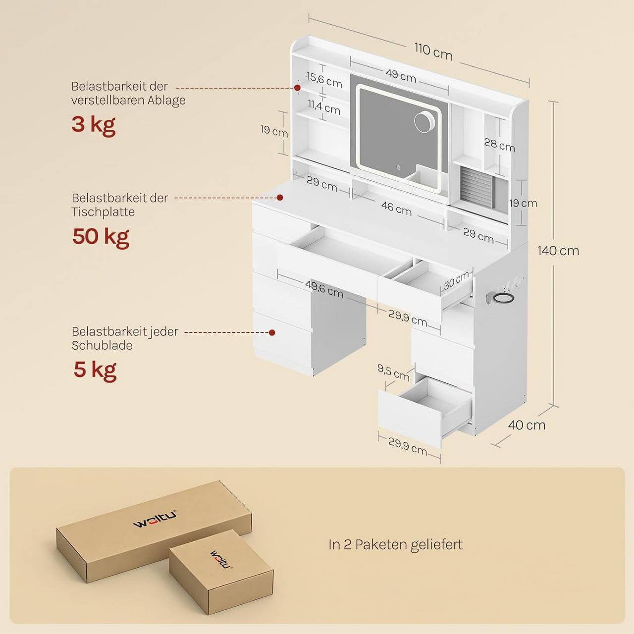 24goodz Vanity Table with LED Lighting and Power Outlets - Versatile Storage - Dimmable Lighting - E1 Engineered Wood + Glass - White - 110 x 40 x 140 cm
