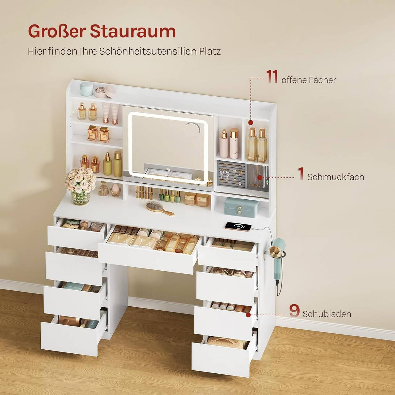 24goodz Vanity Table with LED Lighting and Power Outlets - Versatile Storage - Dimmable Lighting - E1 Engineered Wood + Glass - White - 110 x 40 x 140 cm