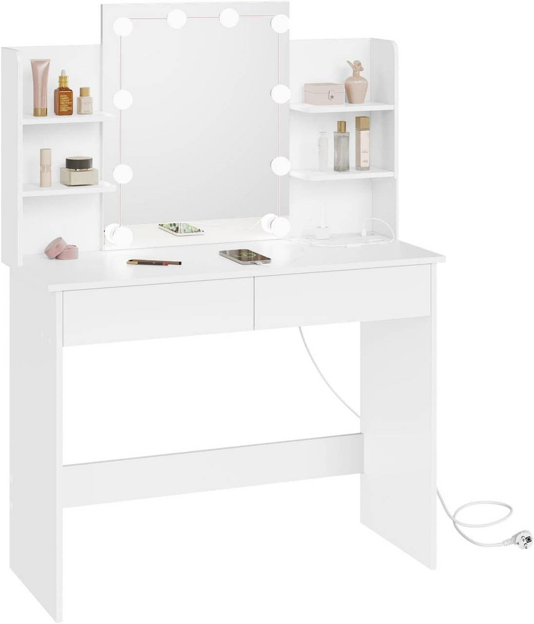 24goodz Vanity Table with LED Lighting - Modern Makeup Station - Large Storage Space - Wood and Glass - White - 90 x 135 x 40 cm
