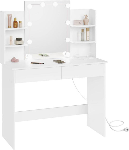 24goodz Vanity Table with LED Lighting - Modern Makeup Station - Large Storage Space - Wood and Glass - White - 90 x 135 x 40 cm
