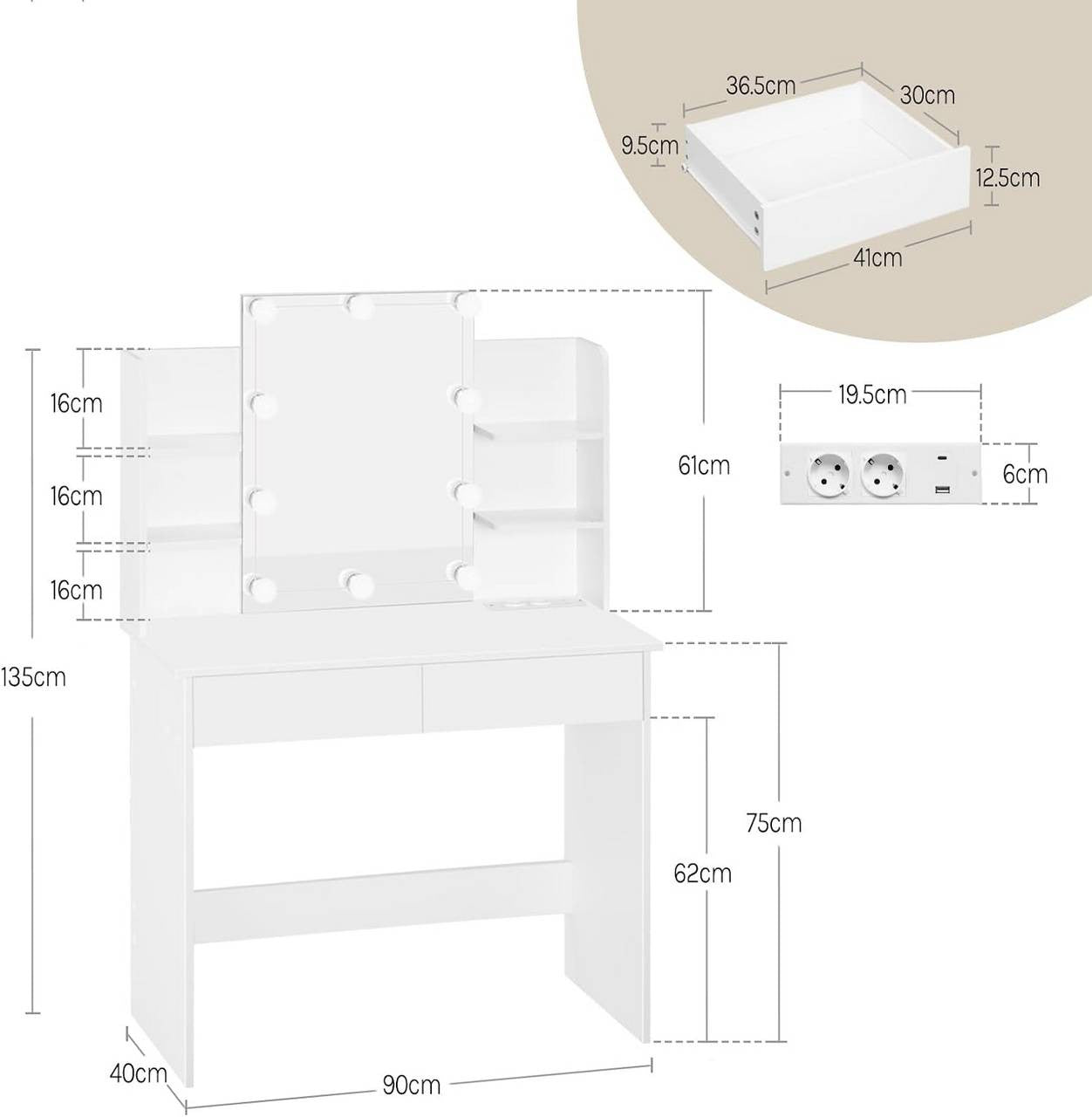 24goodz Vanity Table with LED Lighting - Modern Makeup Station - Large Storage Space - Wood and Glass - White - 90 x 135 x 40 cm