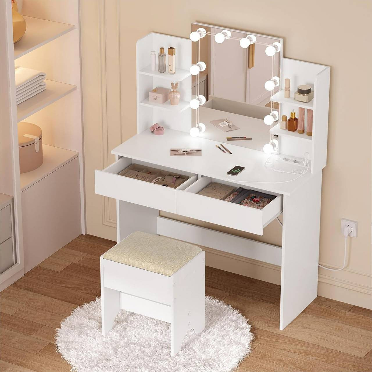24goodz Vanity Table with LED Lighting - Modern Makeup Station - Large Storage Space - Wood and Glass - White - 90 x 135 x 40 cm