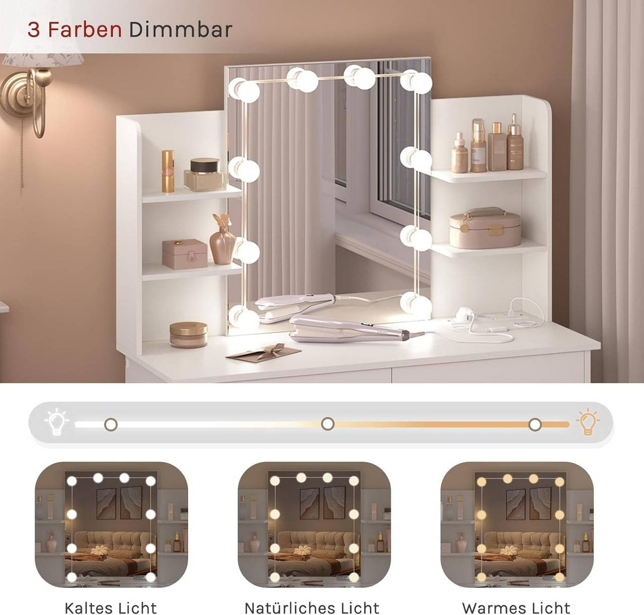 24goodz Vanity Table with LED Lighting - Modern Makeup Station - Large Storage Space - Wood and Glass - White - 90 x 135 x 40 cm